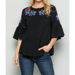 NEW SEE AND BE SEEN embroidered bell sleeve top in black